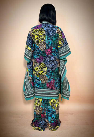 Back view of a person wearing a colorful patterned African Kimono & Palazzo Two Piece wera on a beige background