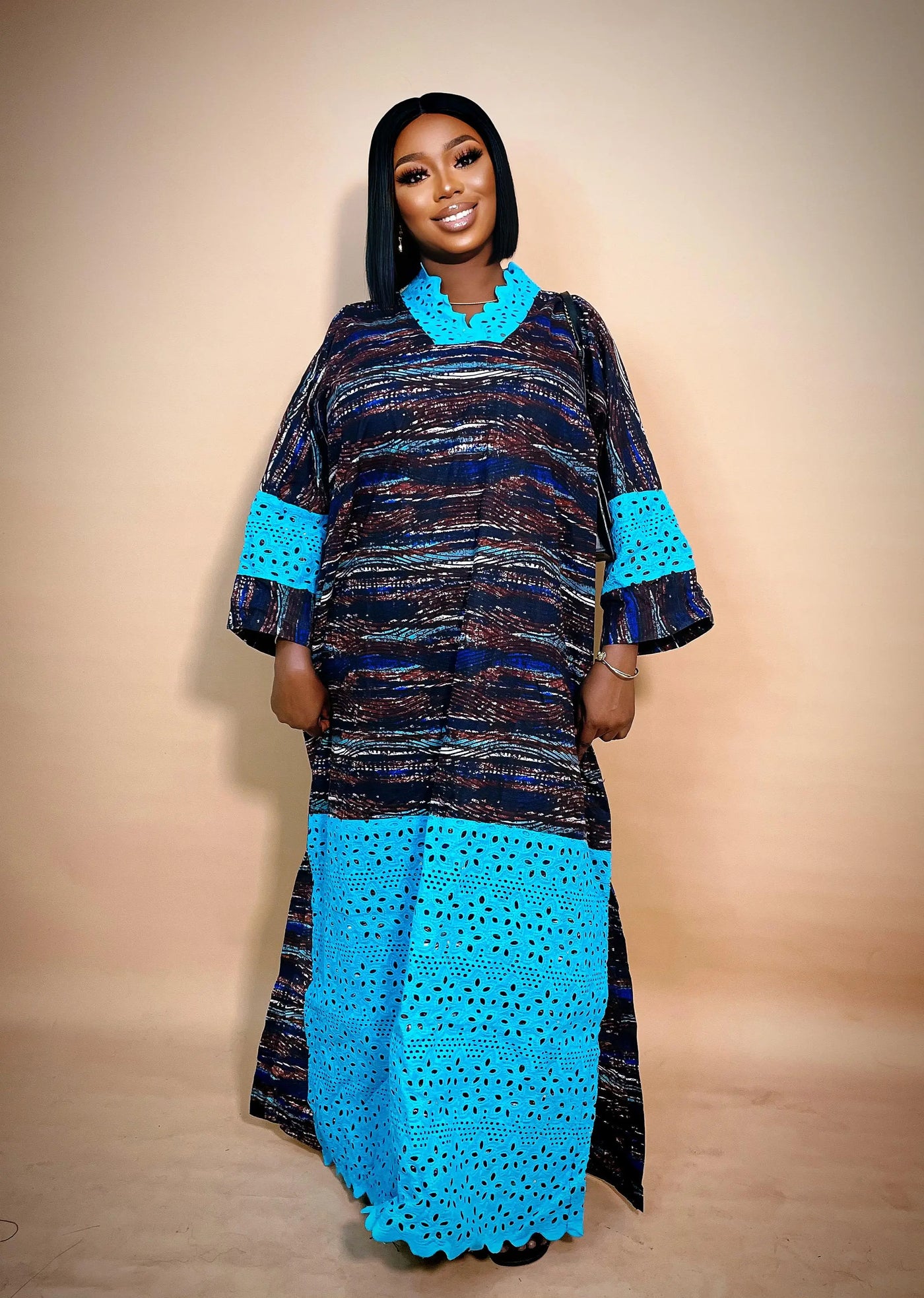 Long Ankara Bubu Gown with Blue Dry Lace