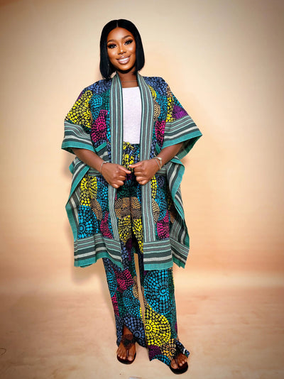 Woman wearing a colorful African Kimono & Palazzo Two Piece style on a beige background