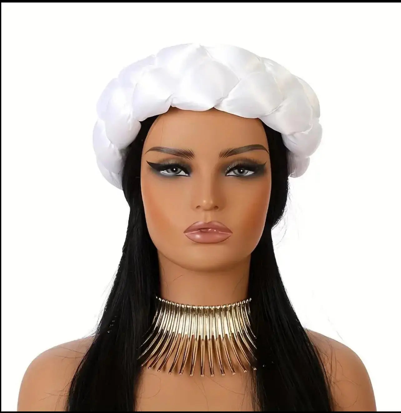 Mannequin head with white braided satin headband scarf and long black hair on a white background